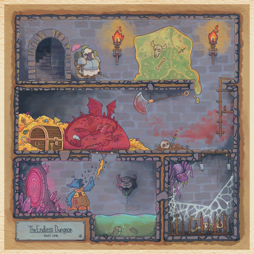 Cross section watercolor illustration of a cartoony dungeon featuring an armored sheep adventurer facing a gelatinous cube, a red dragon sleeping on a pile of treasure, a swinging scyth trap, a spiked pit trap, a giant spider, an acid pit, a glowing portal and a bluebird spellcaster.