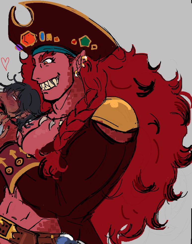 A colored drawing of Ira, who is a massive pirate dragon woman, holding Ten by the neck and doing ungodly things to him but it's cropped out of frame.