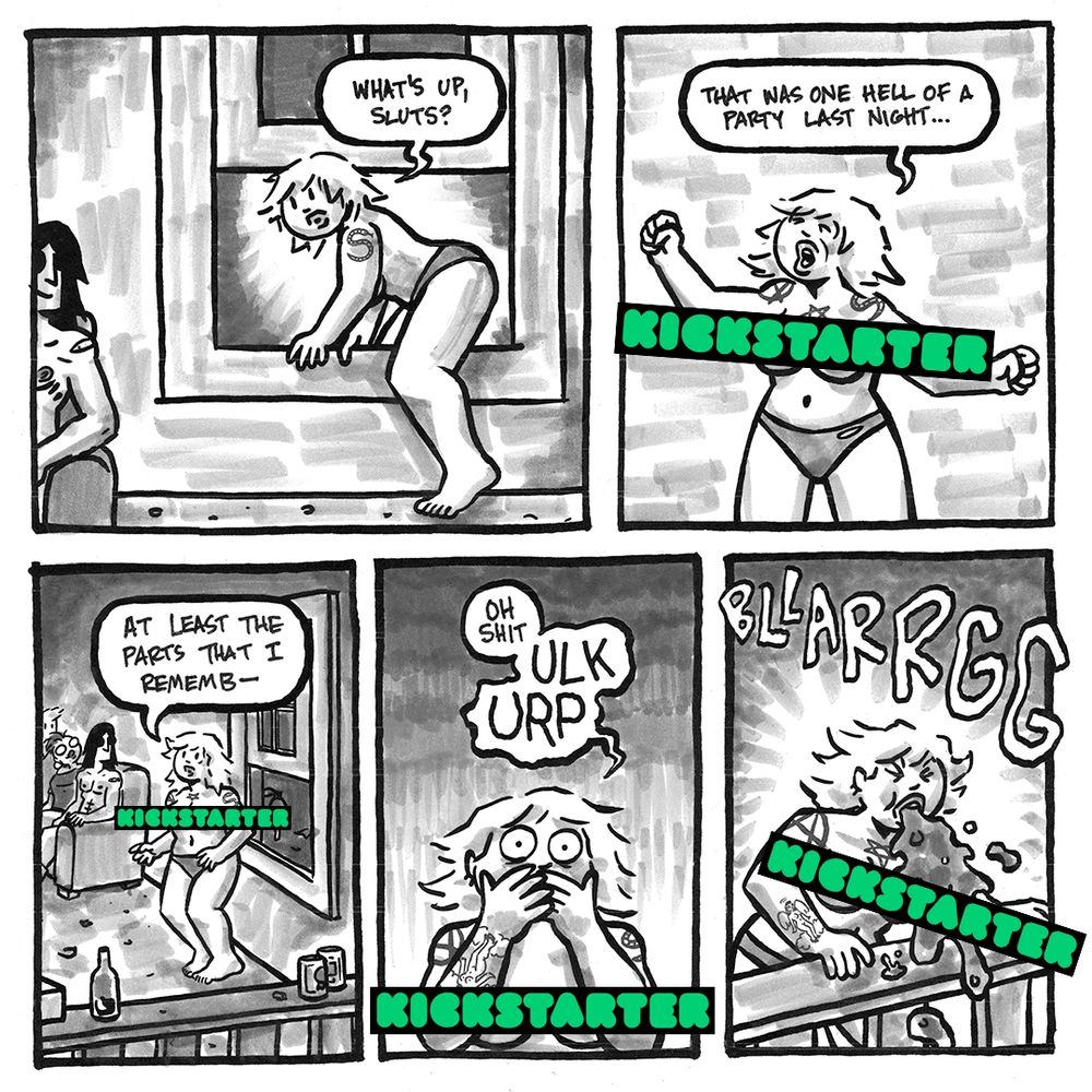 A page from No Raccoons In Hell in which Tori climbs out a window onto the porch wearing nothing but underwear and throws up over the railing. It has been censored for Kickstarter