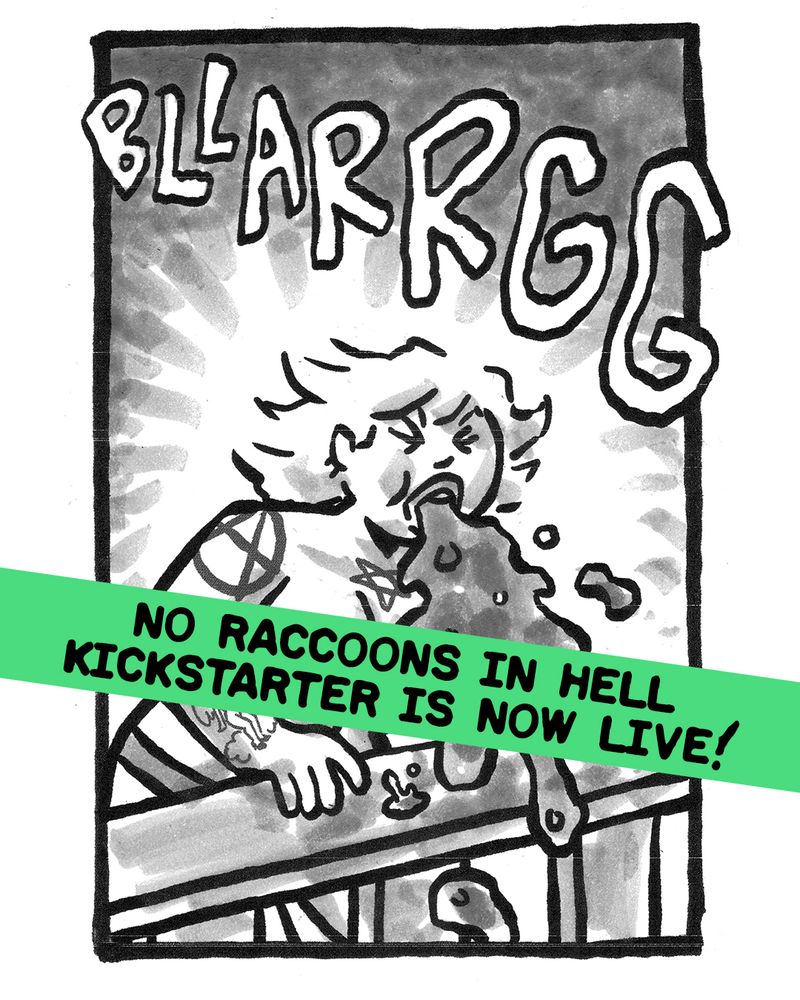 A panel from NO RACCOONS IN HELL FEATURING Tori barfing off the porch, topless