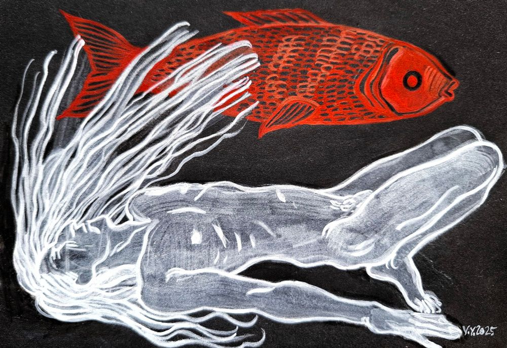 A thin man lies nude on a black background. His hair floats around him, and above him is a large red fish.