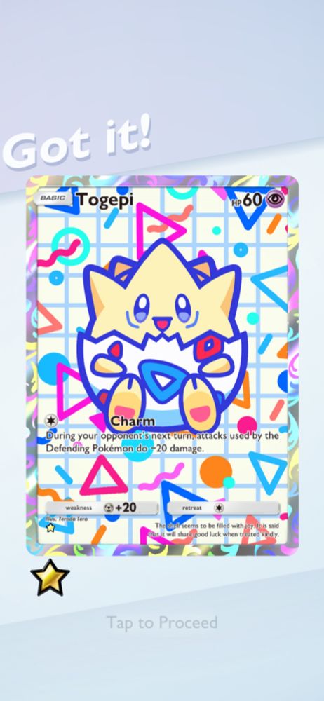 A screenshot from Pokemon TCG Pocket, of the 1 star illustrated Togepi card from the "Wisdom of Sea and Sky" card set. A stylized cartoon version of Togepi is sitting down, toes sticking out, facing the camera with wide eyes and a big smile. The background of the card is an "80s cartoon" style of illustration, appearing to be made of old school graph paper (white with pale blue lines), and covered in brightly colored triangles, circles and squiggly lines, mimicking the patterns on Togepi's shell.