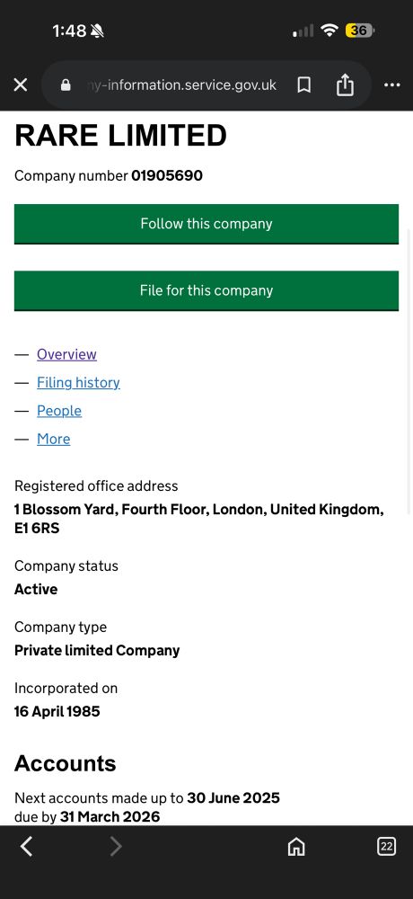 A screenshot from the UK government's information service website with details about Rare Limited, including its incorporation date of April 16th, 1985