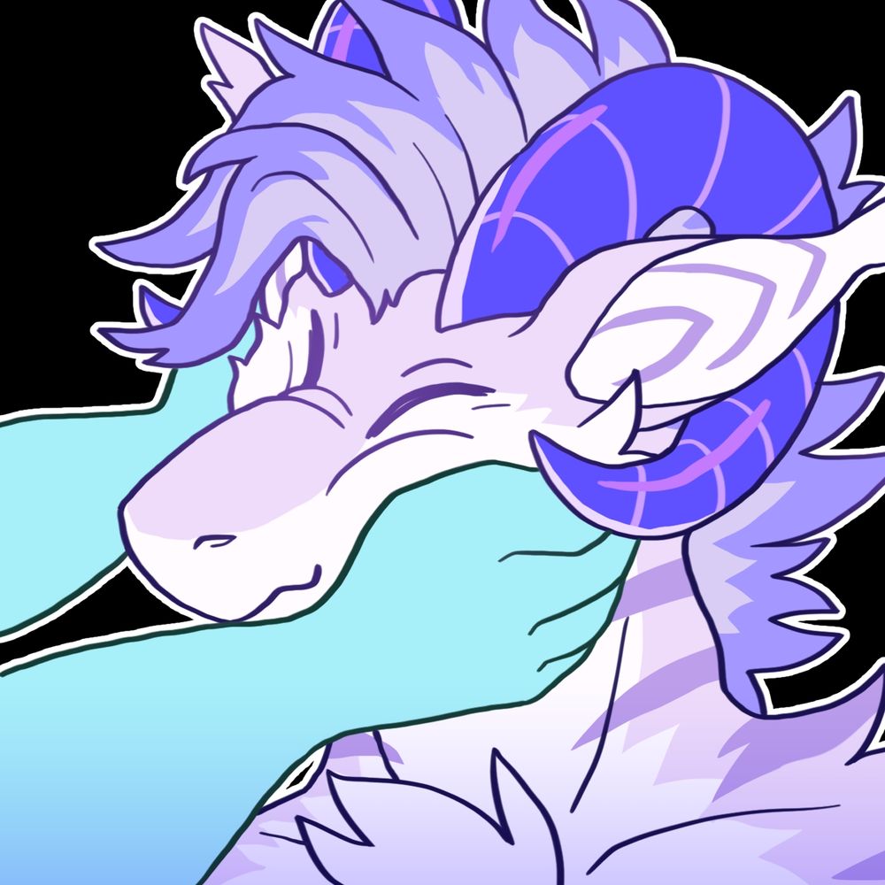 A digital sticker of two blue ghost-like hands holding the cheeks of a pink and purple furred dragon character. Their expression is happy and their eyes are closed. 