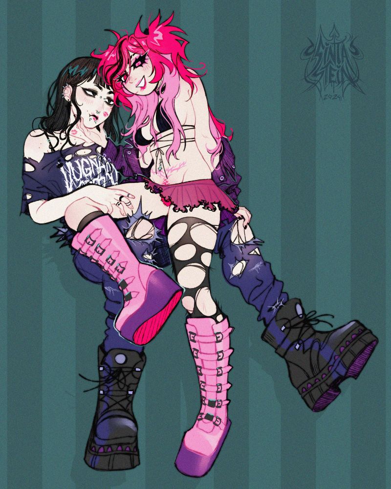 m1ku.maki's still unnamed OCs, a pink haired girl, sitting on a black haired girl's lap.