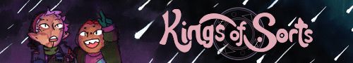 promo image for kings of sorts. hana and bon look up at the sky, watching a meteor shower. the kings of sorts logo is on the right.