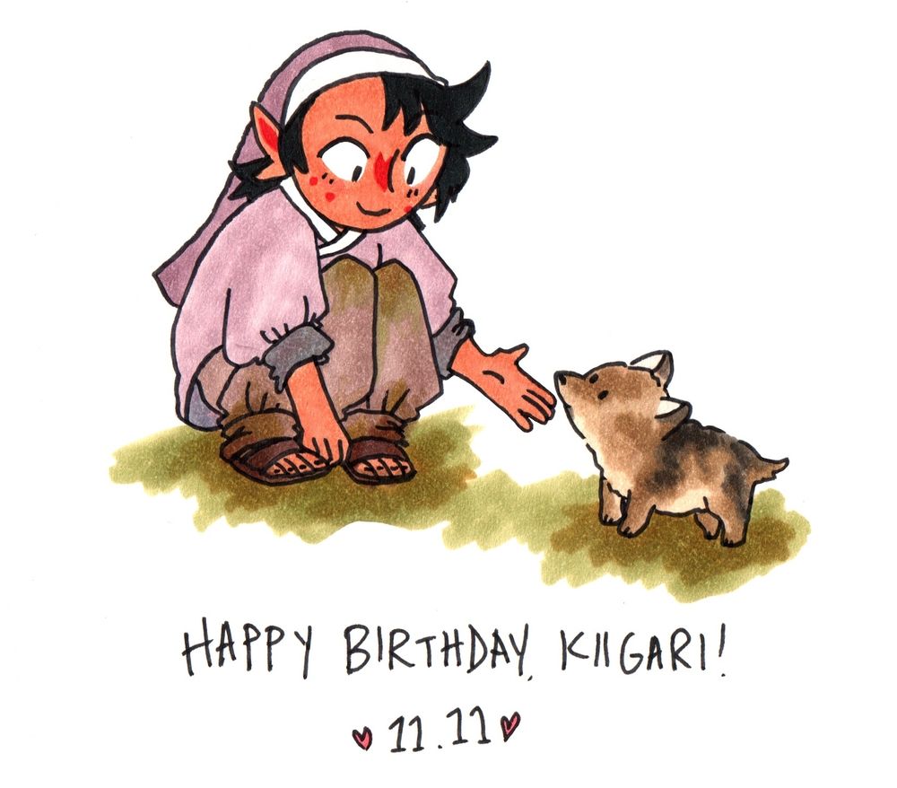 drawing of a young Kiigari sticking out their hand to let a wolf pup smell it. They're wearing a sort of nun in training veil and a loose fitting shirt and pants, sleeves and legs rolled up and both very dirty. Under it reads: "happy birthday Kiigari! 11.11"