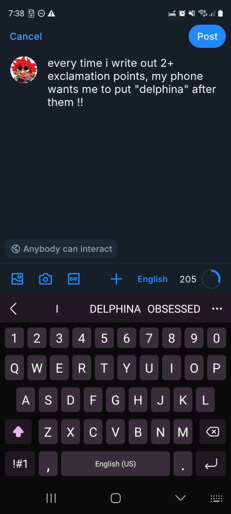 screenshot of my phone's typing suggestions after 2 exclamation points. the options are "I", "Delphina", and "obsessed"