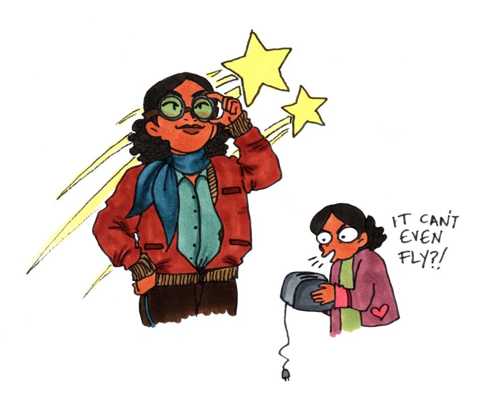 two drawings of Sonia from the webcomic Sombulus. left: Sonia adjusts her goggles on her eyes. she's wearing a large aviator style jacket and a big scarf. two stars fly behind her because she's very cool looking. right: Sonia holds a toaster, shocked, remarking: "it can't even fly?!" 