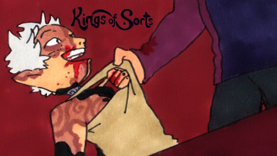 webcomic update post for kings of sorts episode 12 page 59. Marek pulls Bon up by the straps of his grimy tank top. Bon is grinning up at him, with blood coming out of his mouth. 