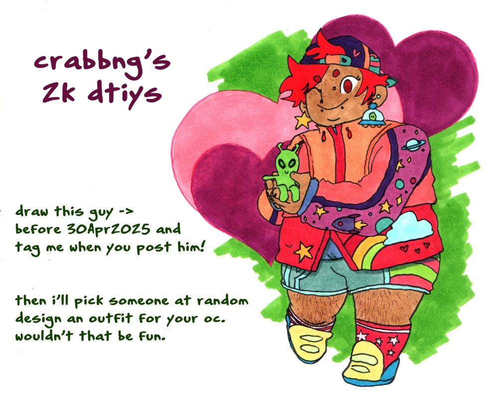Hana in a space themed outfit. text: "crabbng’s 2k dtiys. draw this guy ->
before 30Apr2025 and
tag me when you post him! 
then i’ll pick someone at random 
design an outfit for your oc. 
wouldn’t that be fun."