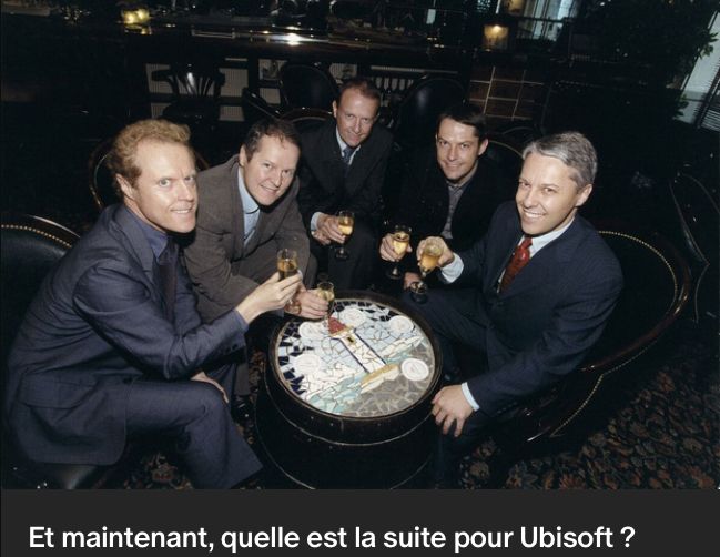 Titre : Et maintenant, quelle est la suite pour Ubisoft ?
L'illustration représente les cinq frères Guillemot, trinquant et souriant à la caméra.