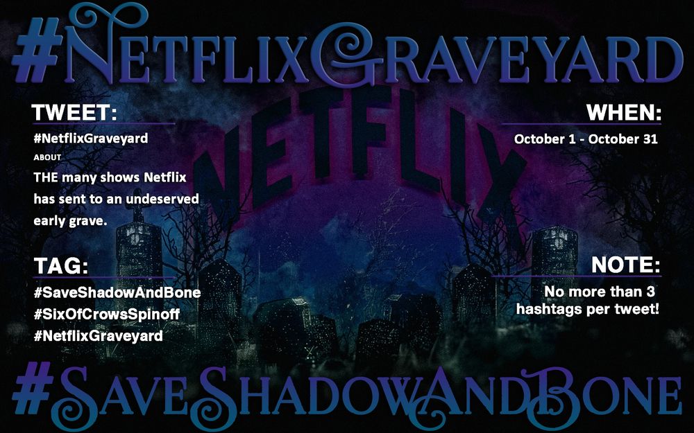 This infograph shows an image of a graveyard at night with old tombstones. The Netflix text is hovering in an arch formation over the stones and is highlighted in purple.