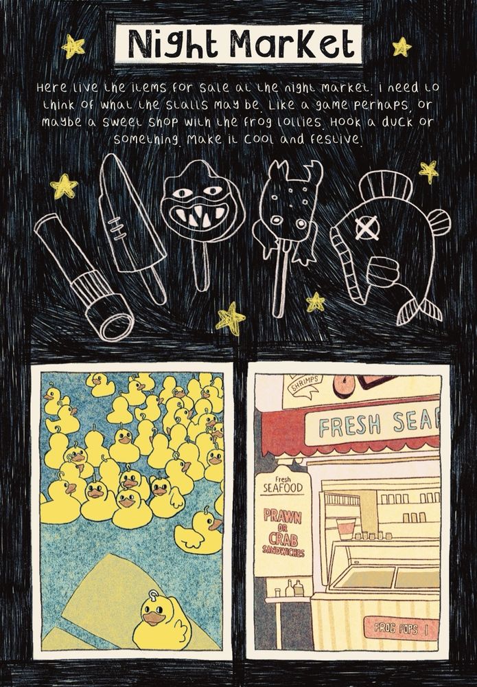 night market page introduction including hook a suck and crab sandwich stall. some purchasable items are shown above- toy telescope, shark lollies, frog pops and a fish hat. 