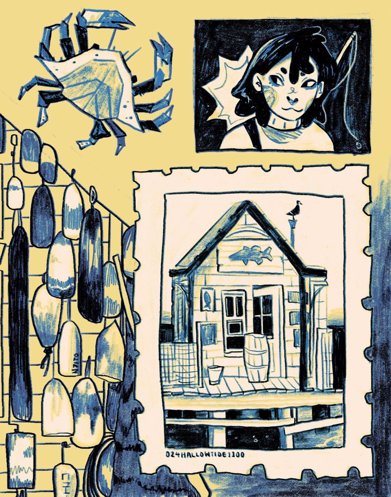 original art. procreate coloured worldbuilding sketch of my original character (a half human half seal) and their house on the pier. surrounded by a crab, a stamp of them and some buoys attached to a shed. 