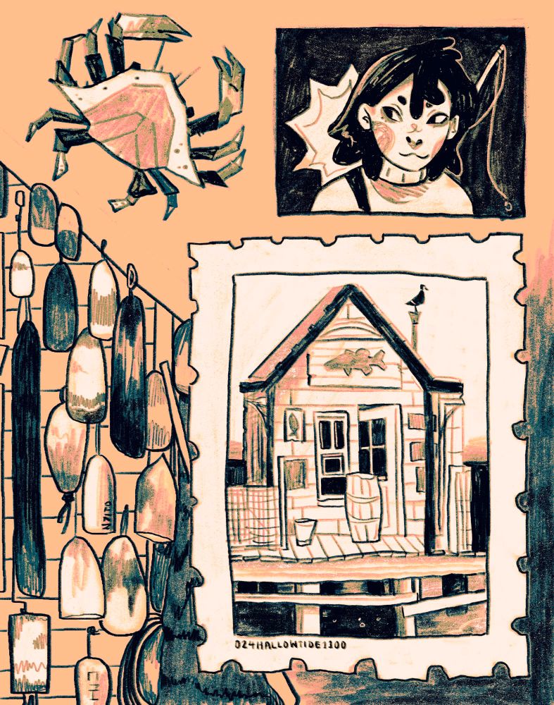 two versions of the same (this is the pink version and the other is green) it has mysterious yet cosy seaside town vibes. made as part of my game art/ #gamedev project for university. i will be making a fake game manual book. 