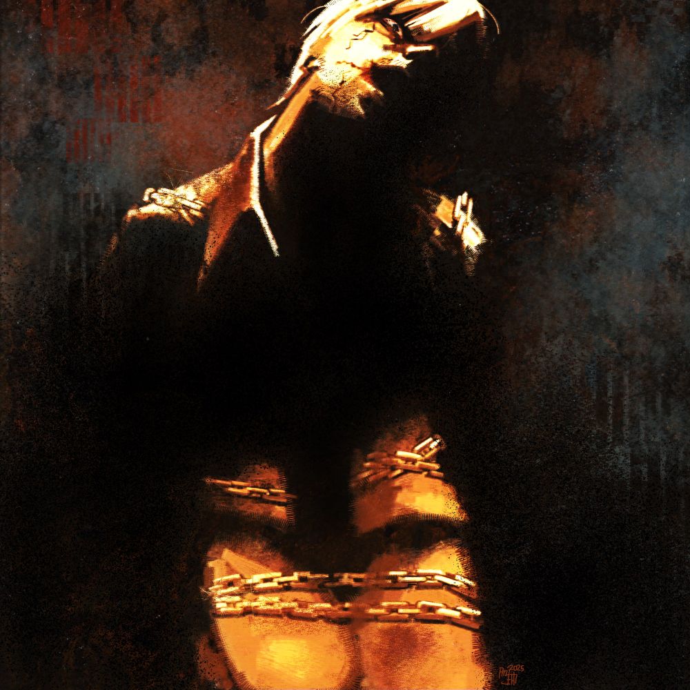 Henry Townshend under ominous lighting, tied up in chains. His face resembles his victim 21 "ghost's" face from the peephole haunting.