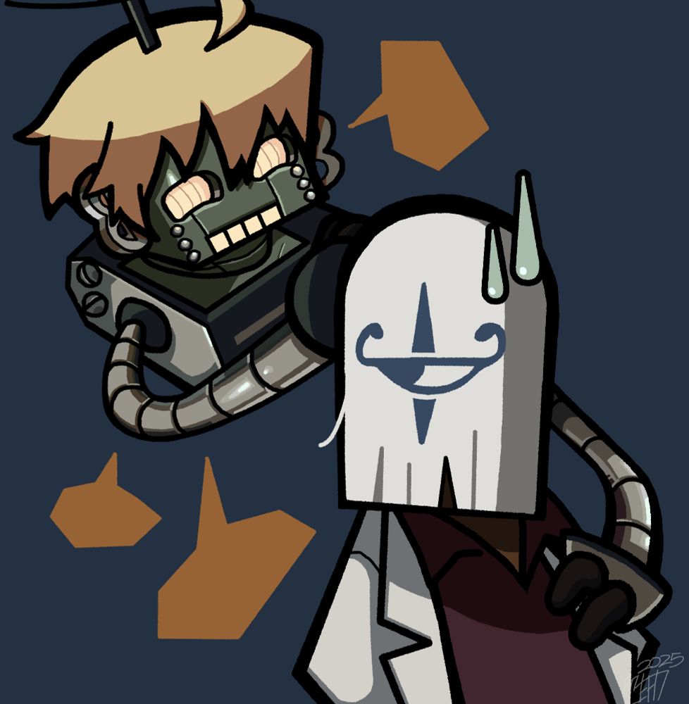 Chibi art of Robo-Ky and Venom as they appear in GGST / Guilty Gear Strive. Robo-Ky is talking excitedly while Venom looks mildly annoyed.