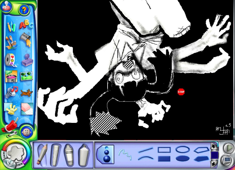 Drawing of Monoko upside down in Kid Pix Deluxe 4. The UI is included in the image.