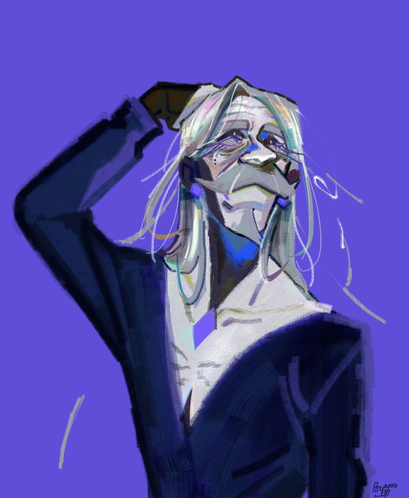 Legend-Dr's oc Indigo, looking off to the side with his hand on their head. Indigo has the design of an older person with long grey hair, a beard and a big mustache. The colors and textures have a sort of iridescent effect to them.