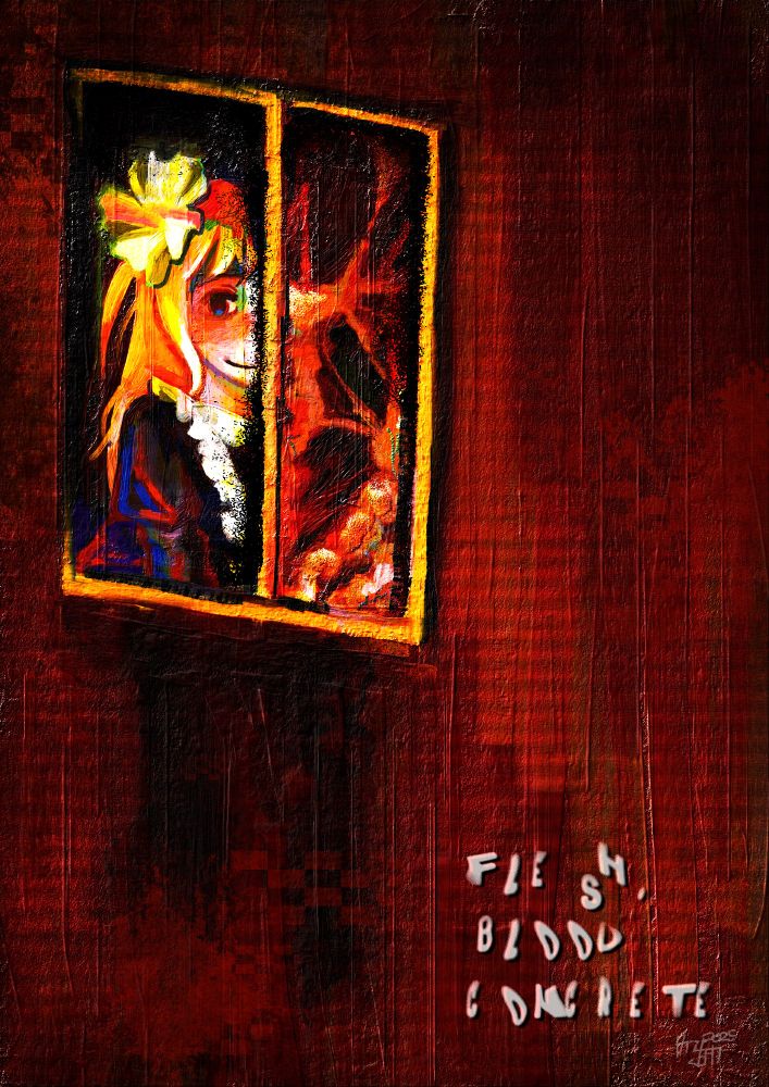 Digital painting of Nika from the game Flesh, Blood & Concrete. She's staring out the window with a smile. Half of the window is blocked by meat.