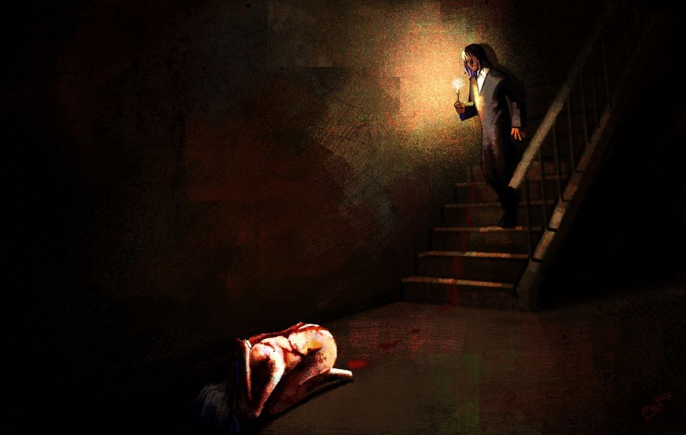 A man (Ezekiel) walks into the dark basement with a candle in hand. Illuminated past the bottom of the staircase is another man (Sycamore), curled into a strange prayer and bleeding profusely. Ezekiel doesn't know how this person got there.