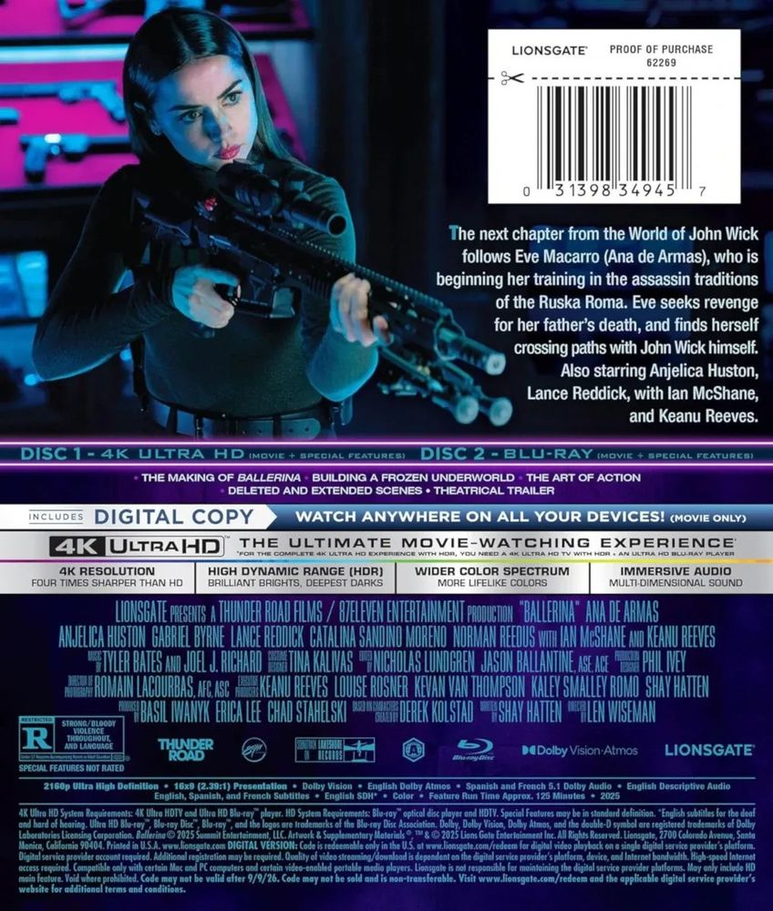 4K Blu-ray Back cover of Ballerina 2025 (Len Wiseman) With Ana de Armas, Keanu Reeves, Ian McShane and Lance Reddick