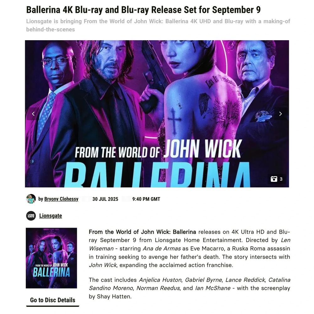 News article about 4K Blu-ray release of Ballerina 2025 (Len Wiseman) With Ana de Armas, Keanu Reeves, Ian McShane and Lance Reddick