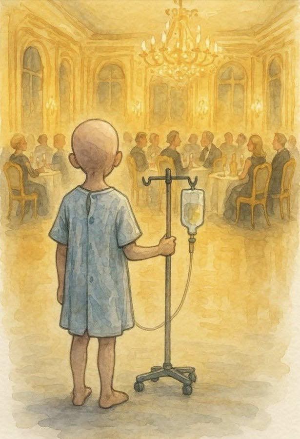 Sick child staring at wasteful ballroom.