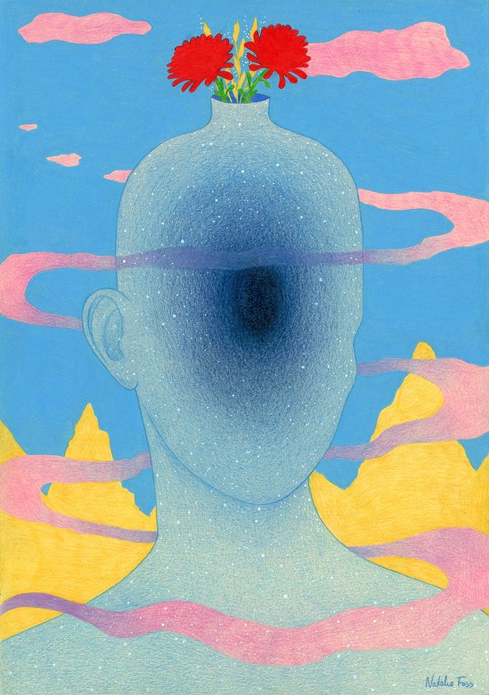 A surrealistic, blue portrait with a black whole where the face is supposed to be. 
Red flowers popping up from the top of the head.