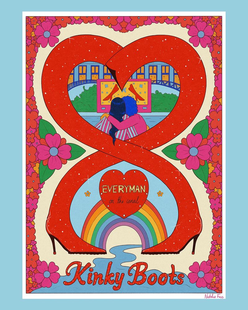Colourful poster for the movie "Kinky Boots". A pair of long, read and sparkly boots shaped into a heart. 
