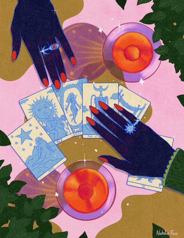 Illustration of a tarot reading, seen from above. 6 cards are spread out, and two hands are reaching for the cards. Beside them there are two red/orange drinks and some green leaves.
