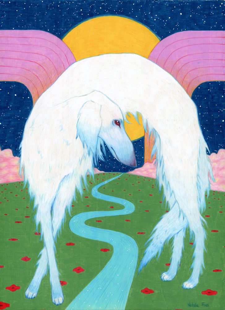 Long, white fantasy Borzoi dog with pink rainbows and a huge moon in the background. A river flows underneath the dog, surrounded by grass and red flowers.