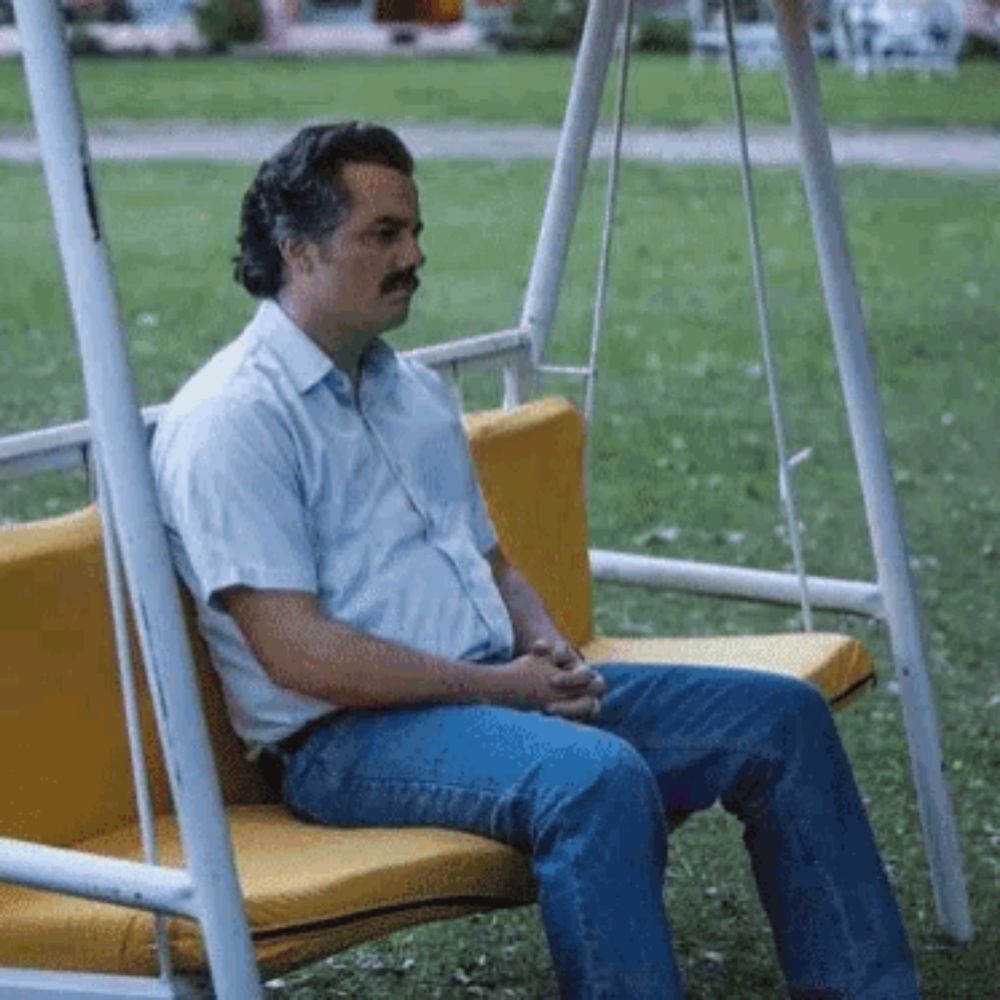 a man with a mustache is sitting on a swing in the park .