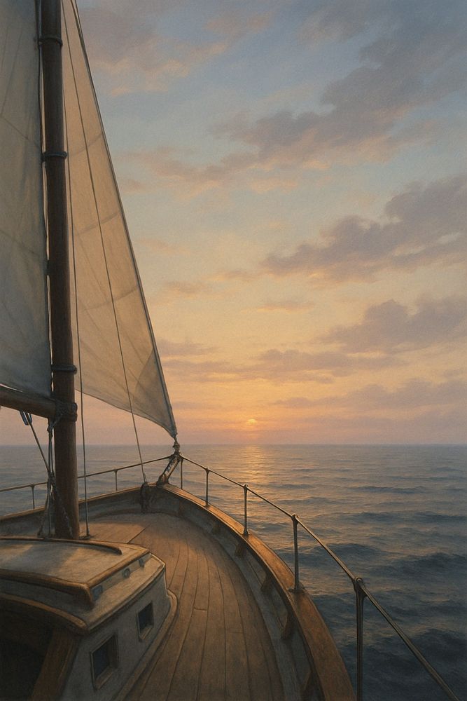 Digital painting showing the view from the deck of a sailboat at sunrise. The wooden deck curves gently toward the bow, where the sail is partially raised. The ocean is calm, reflecting soft tones of gold, peach, and blue from the rising sun. The sky is layered with scattered clouds, adding depth and a sense of slow-moving time. The mood is peaceful, introspective, and quietly reflective.