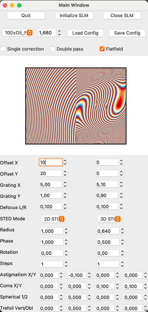 The same GUI. This time, some of the numerical controls are non-zero. The diagonal grid on the left half is bent. The diagonal grid on the right half is heavily distorted.