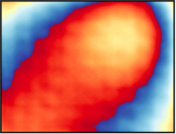 Red/Yellow/Blue false color image with a diagonal oval shape.