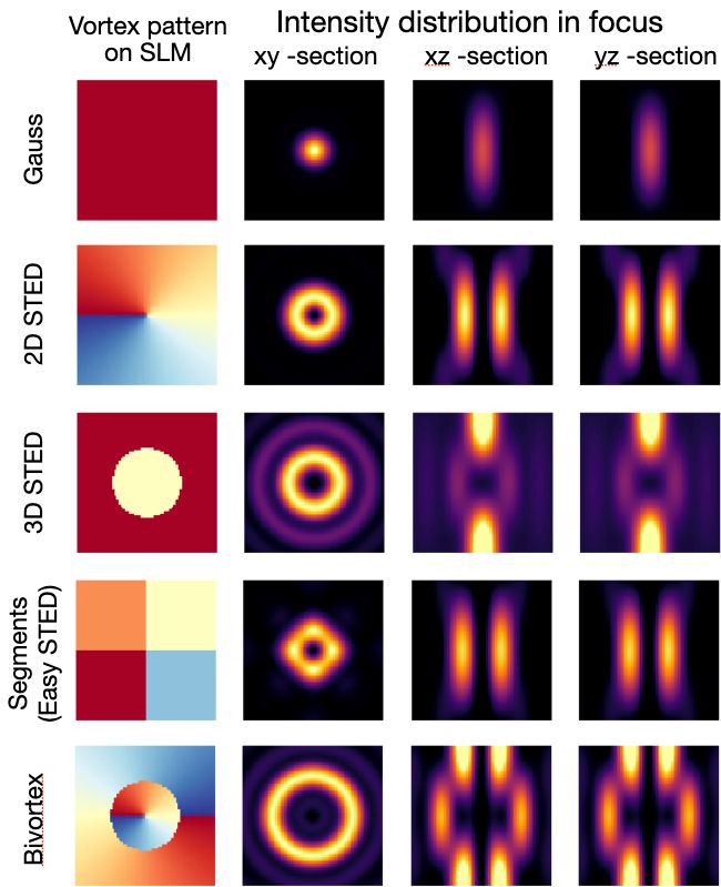 False color images aligned in a grid. The rows are labelled
- Gauss
- 2D STED
- 3D STED
- Segments (Easy STED)
- Bivortex
Columns are labelled as
- Vortex pattern on SLM
- Intensity distribution in focus
-- xy section
-- xz section
-- yz section