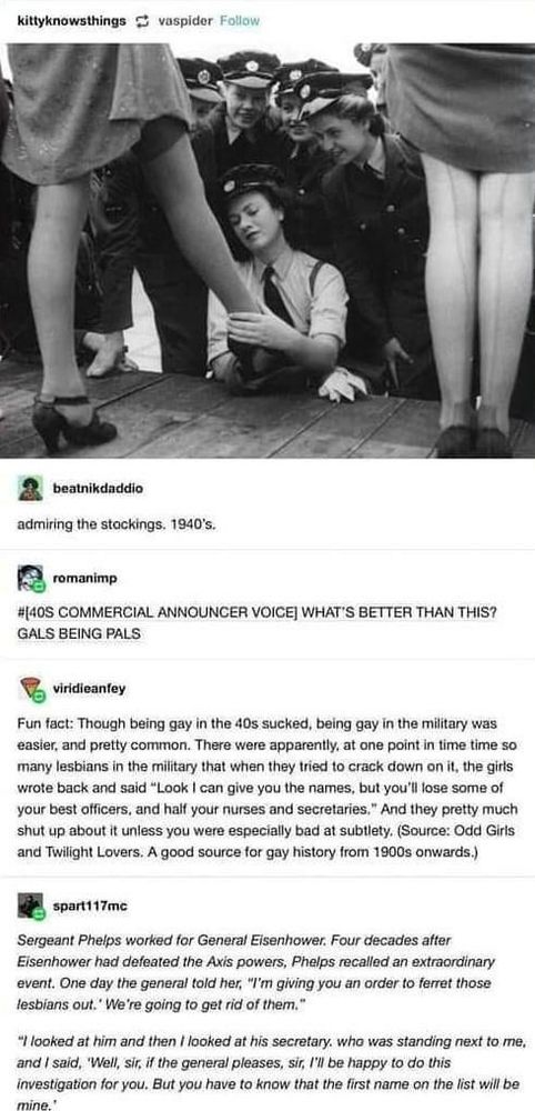 Photo of military women in a crowd caressing the stocking of a woman on stage. A post below it describes how prominent being gay in the 1940s military was. When they tried to cfack down on it the girls said that most the best officers, nurses, and secretaries would be among those leaving so the order was rescinded.