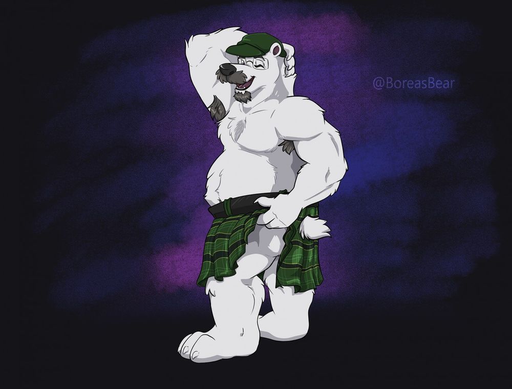 Polar bear wearing green kilt and hat, raising the back of the kilt up to show he's wearing nothing under it. A bit of butt exposed as he winks