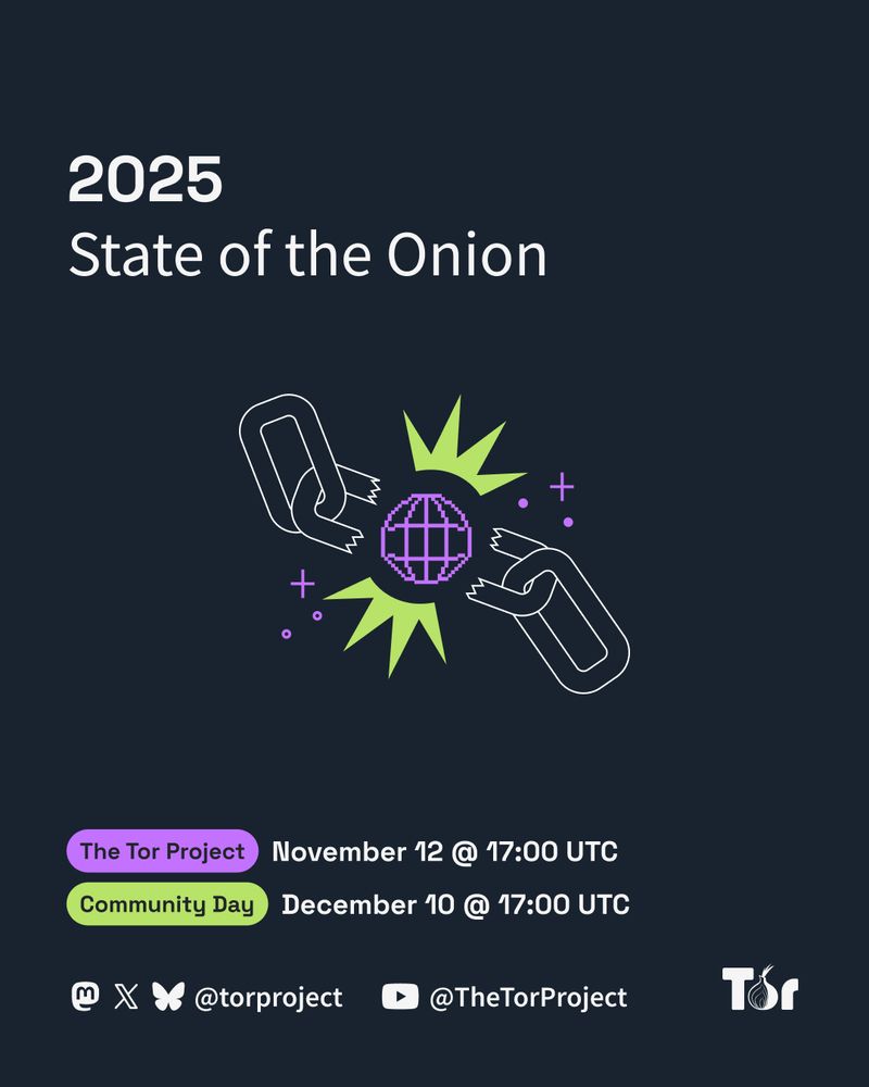 White text on dark background:
2025 - State of the Onion
The Tor Project: November 12th @ 17:00 UTC
Community Day: December 10th @ 17:00 UTC