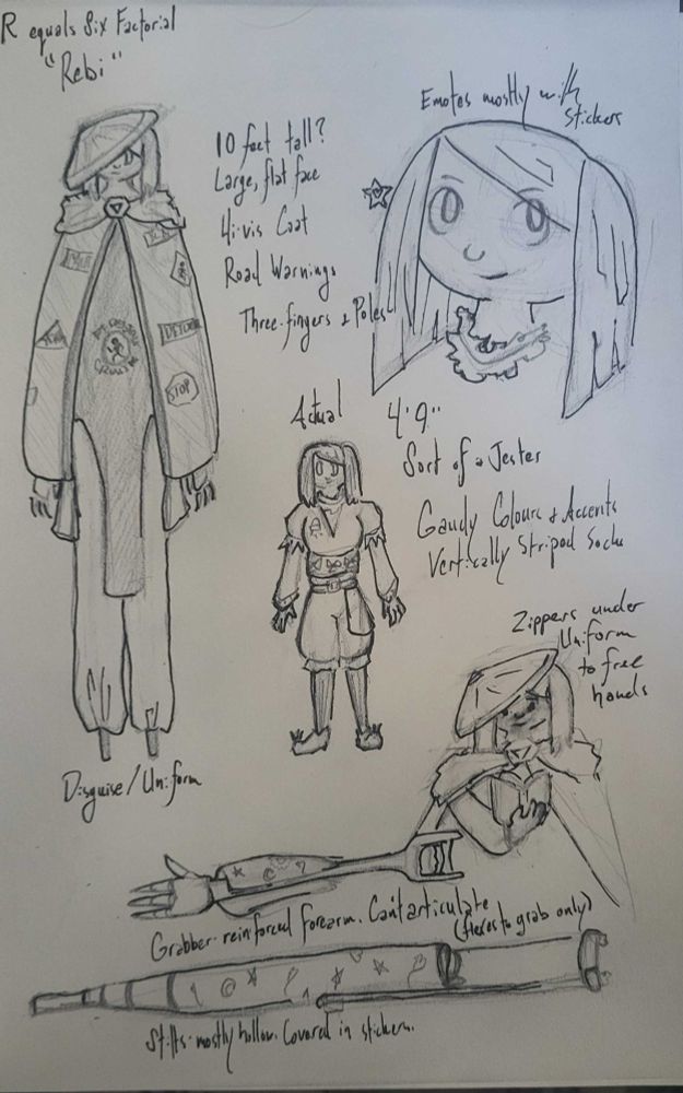 a complete reference sheet for R=6! including both their uniform and plainclothes, as well as detailed designs for their reacher and stilts. 