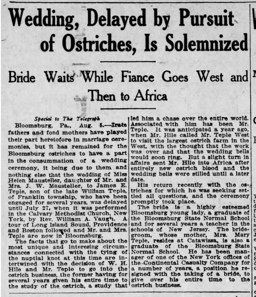 The Harrisburg Telegraph on August 5, 1910 reports "Wedding, Delayed by Pursuit of Ostriches, Is Solemnized"