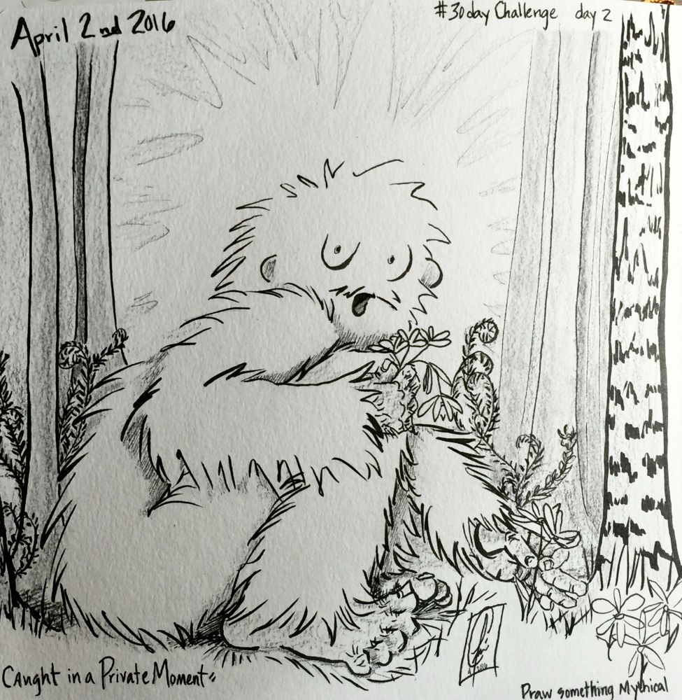 Pencil and ink drawing of Sasquatch (Big Foot) crouching in a stand of trees and ferns, picking flowers. The cartoon style creature is looking towards the viewer with a surprised expression. Text on page: “April 2, 2016”, “#30 day Challenge  day 2”, “Caught in a Private Moment”, [the artist’s signature], “Draw something mythical”.