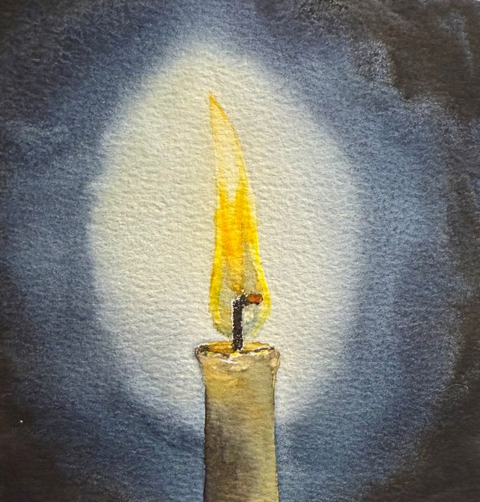Watercolor painting of a burning ivory colored tapered candle.