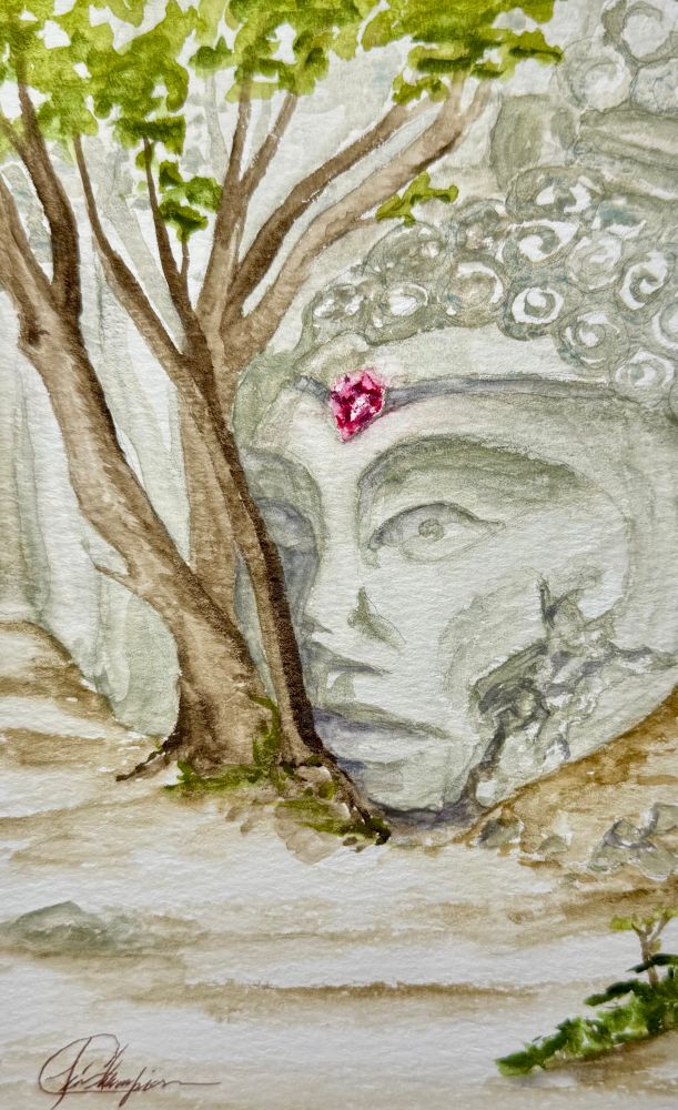 Watercolor painting of trees, growing up around a sculpture from antiquity. It’s an ancient stone head with a glowing ruby in the center of its forehead. The scene might depict the ruins of an ancient East Asian civilization, somewhere.
