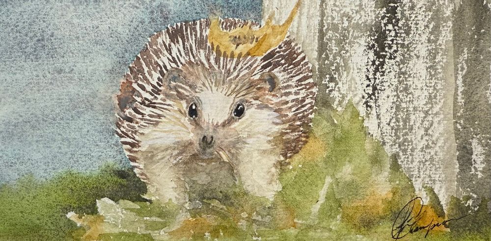 Watercolor painting of a hedgehog by the side of a fence in a pile of green and yellow leaves. Its quills have stabbed one golden leaf which is stuck on the back of the critter. 