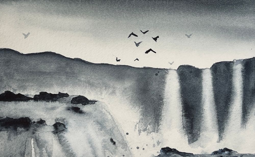 Monochromatic Watercolor painting of multiple waterfalls. Birds fly over the chasm. 