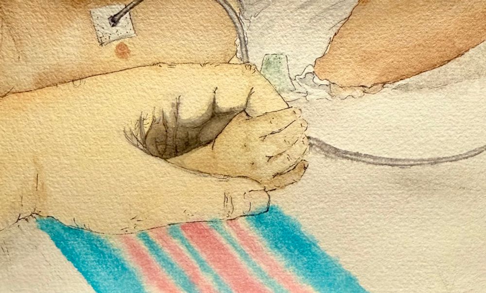 Watercolor painting of a man’s hand holding a tiny baby’s hand. The baby can be seen from chest to thigh. The baby chest has a medical monitor attached. 
