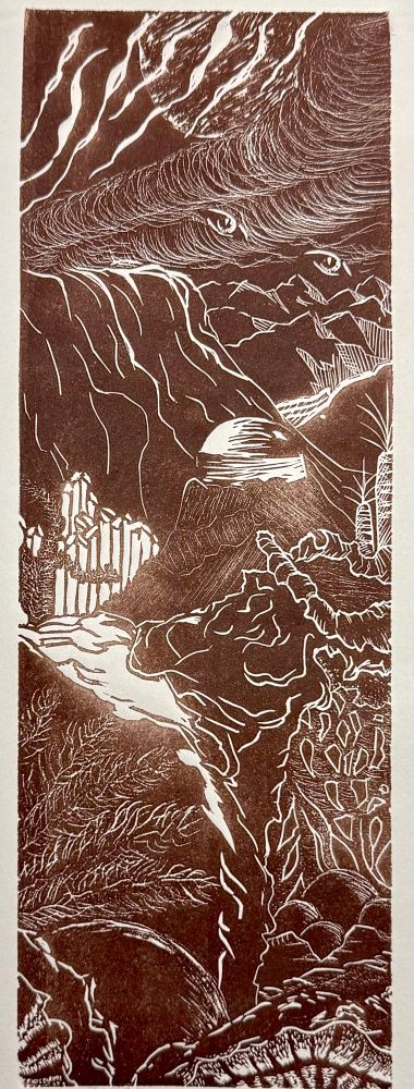 Monotone print of a fantastical landscape  with under water or extraterrestrial elements and a pair of eyes floating in the sky. 